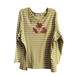 Quacker Factory Striped Green White Knit Long Sleeve Shirt w/ Sequin Leaves, 2X